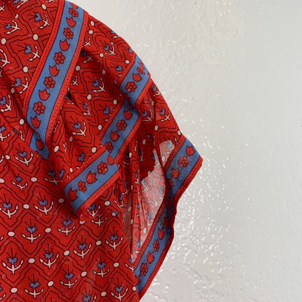 Ulla Johnson Silk Ruffle Top Blouse Womens Size 2 Red Floral Tassel Tie Sheer - Picture 11 of 14
